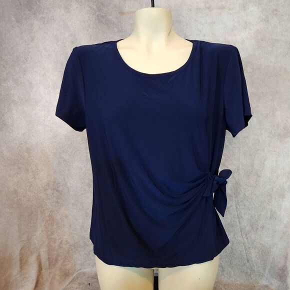 Women's Salon Studio Navy Short Sleev‎ Blouse Size Petite Large - Picture 2 of 4